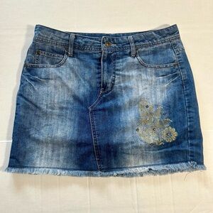 Faded Glory Blue Denim Mini Skirt Skort with Floral Embroidery